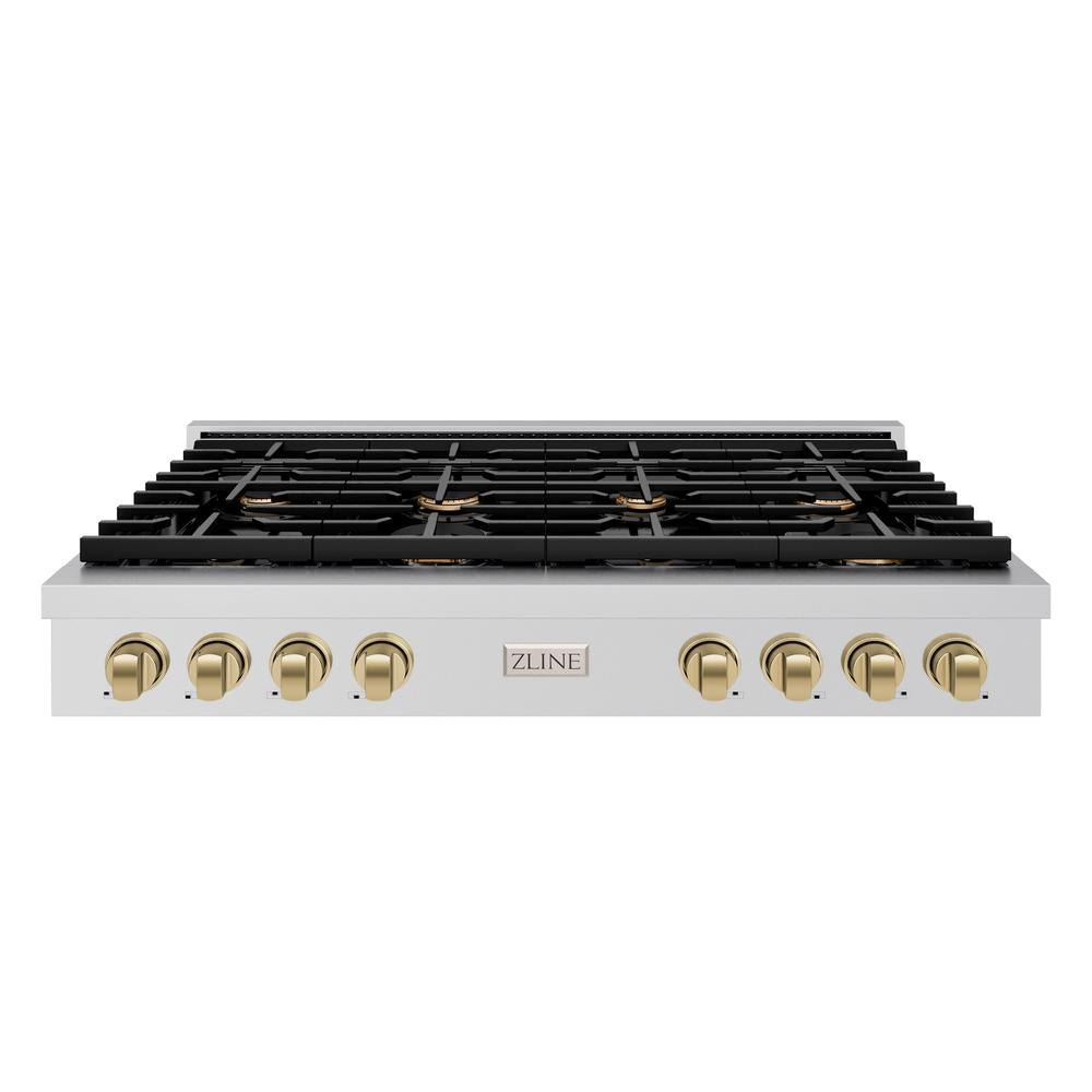 ZLINE Autograph Edition Paramount 48-inch rangetop in stainless steel and champagne bronze accents SRTZ-48-CB, front view