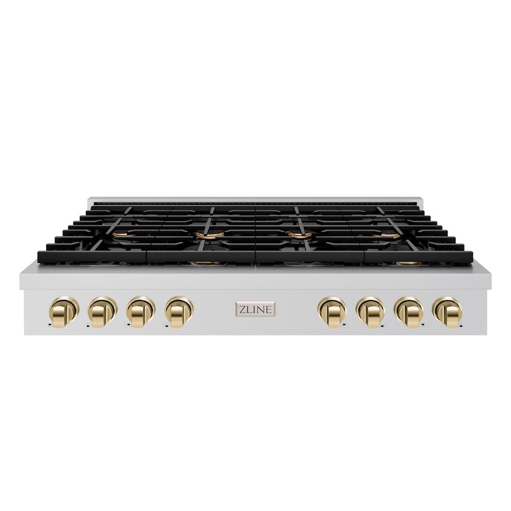 ZLINE Autograph Edition Paramount 48-inch rangetop in stainless steel and polished gold accents SRTZ-48-G, front view