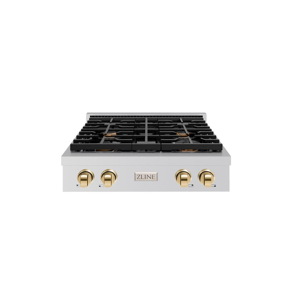 ZLINE Autograph Edition Paramount 30-inch rangetop in stainless steel and polished gold accents SRTZ-30-G, front view