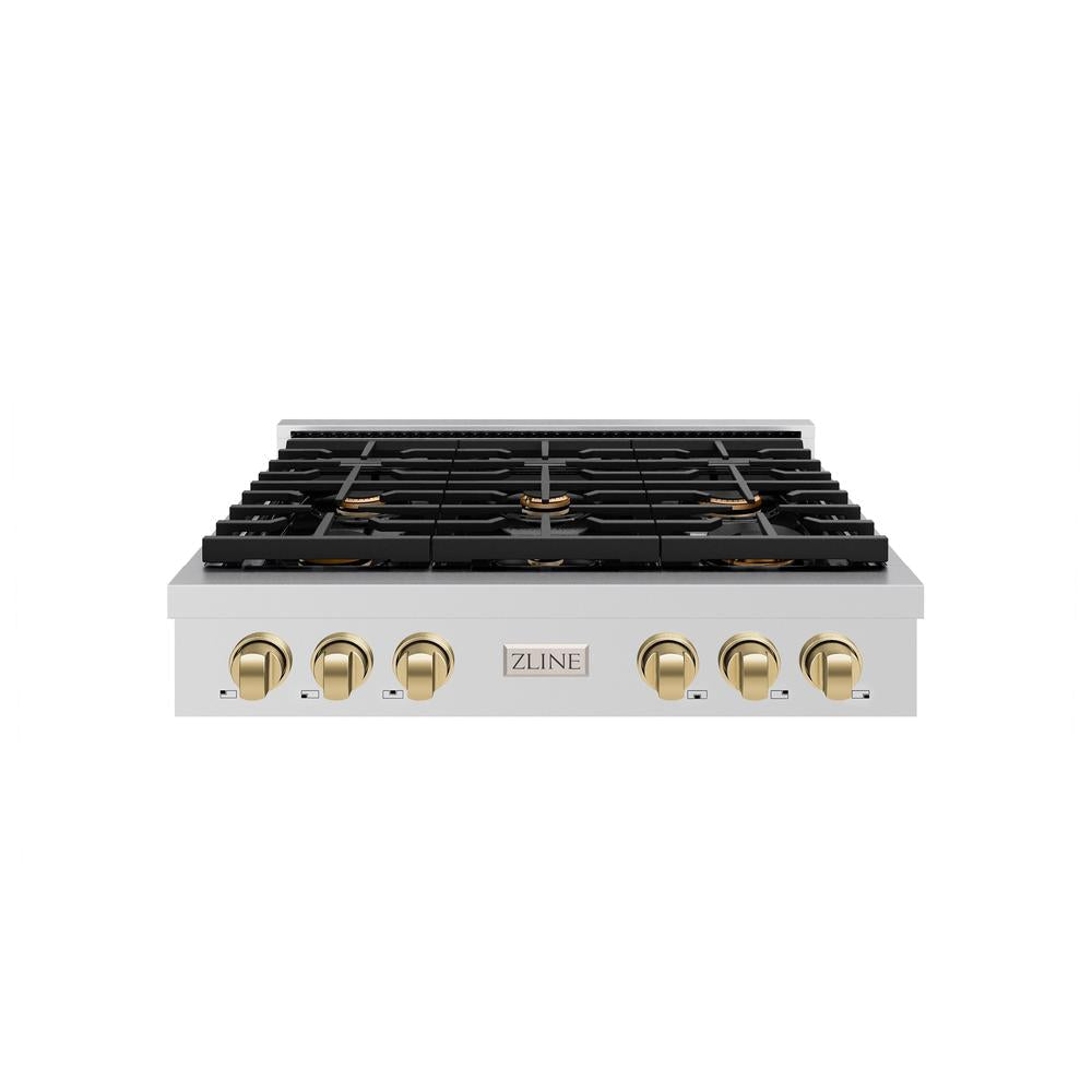 ZLINE Autograph Edition Paramount 36-inch rangetop in stainless steel and champagne bronze accents SRTZ-36-CB, front view