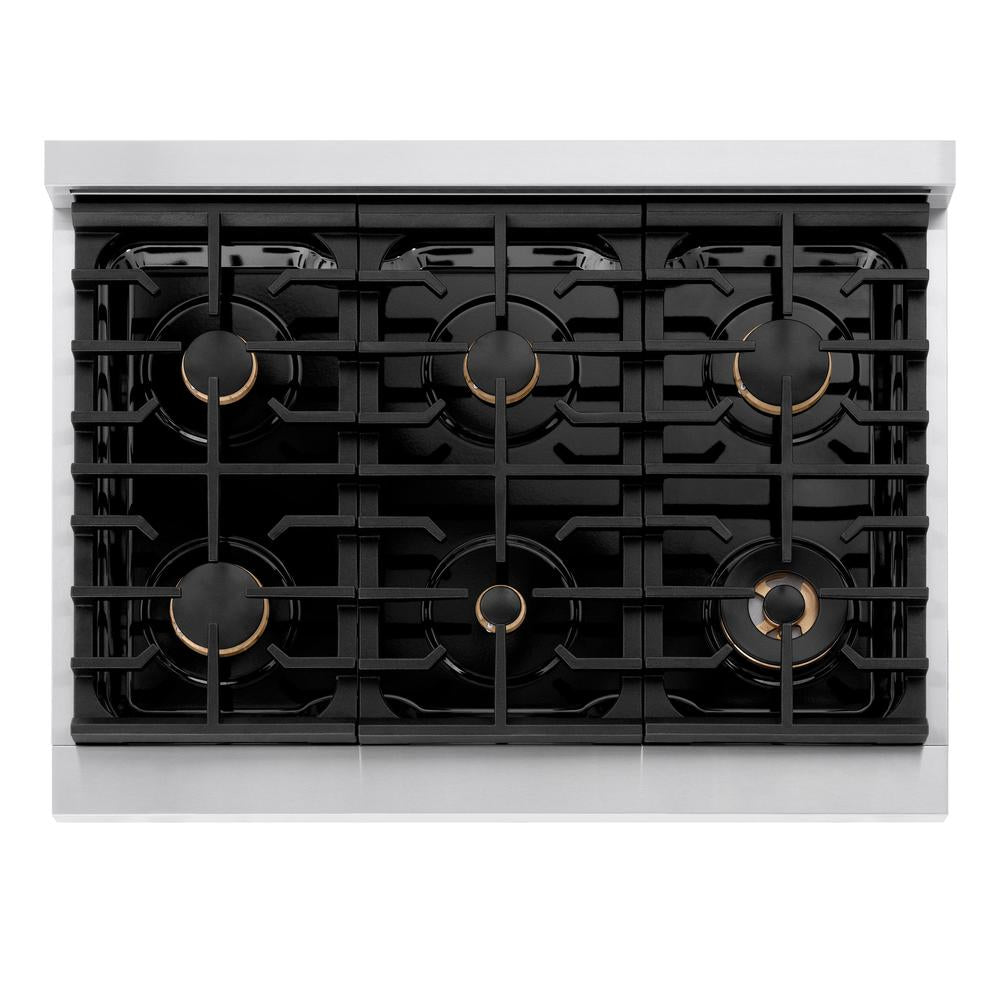 ZLINE Autograph Edition Paramount 36-inch rangetop in stainless steel and champagne bronze accents SRTZ-36-CB, from above