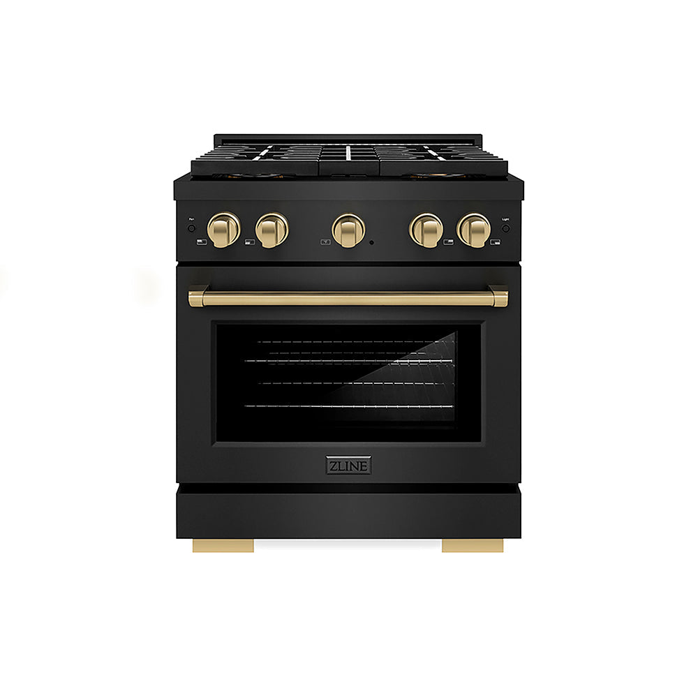 ZLINE Autograph Edition Paramount 30-inch range in black stainless steel and champagne bronze accents PSDRBZ-30-CB, front view