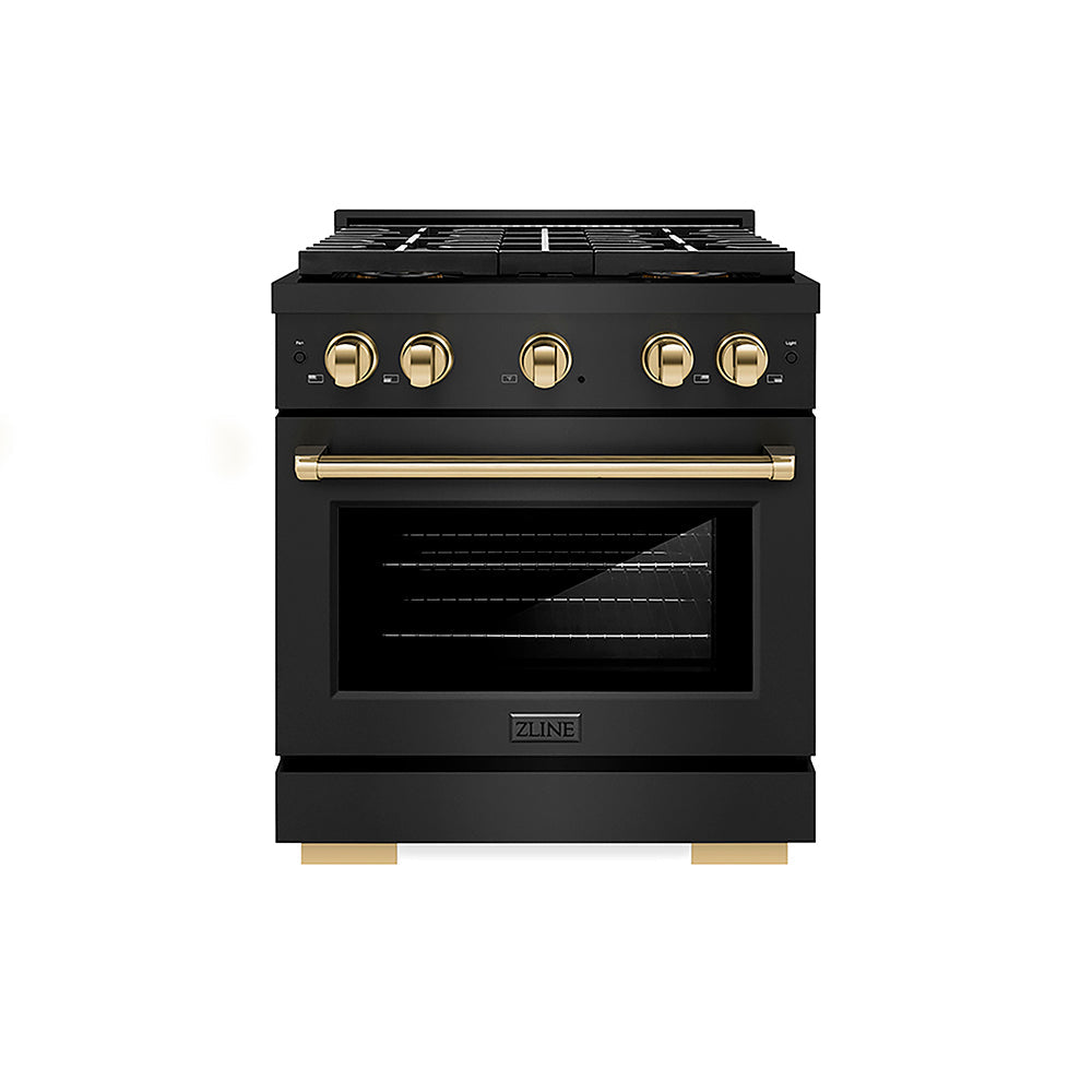 ZLINE Autograph Edition Paramount 30-inch range in black stainless steel and polished gold accents PSDRBZ-30-G, front view