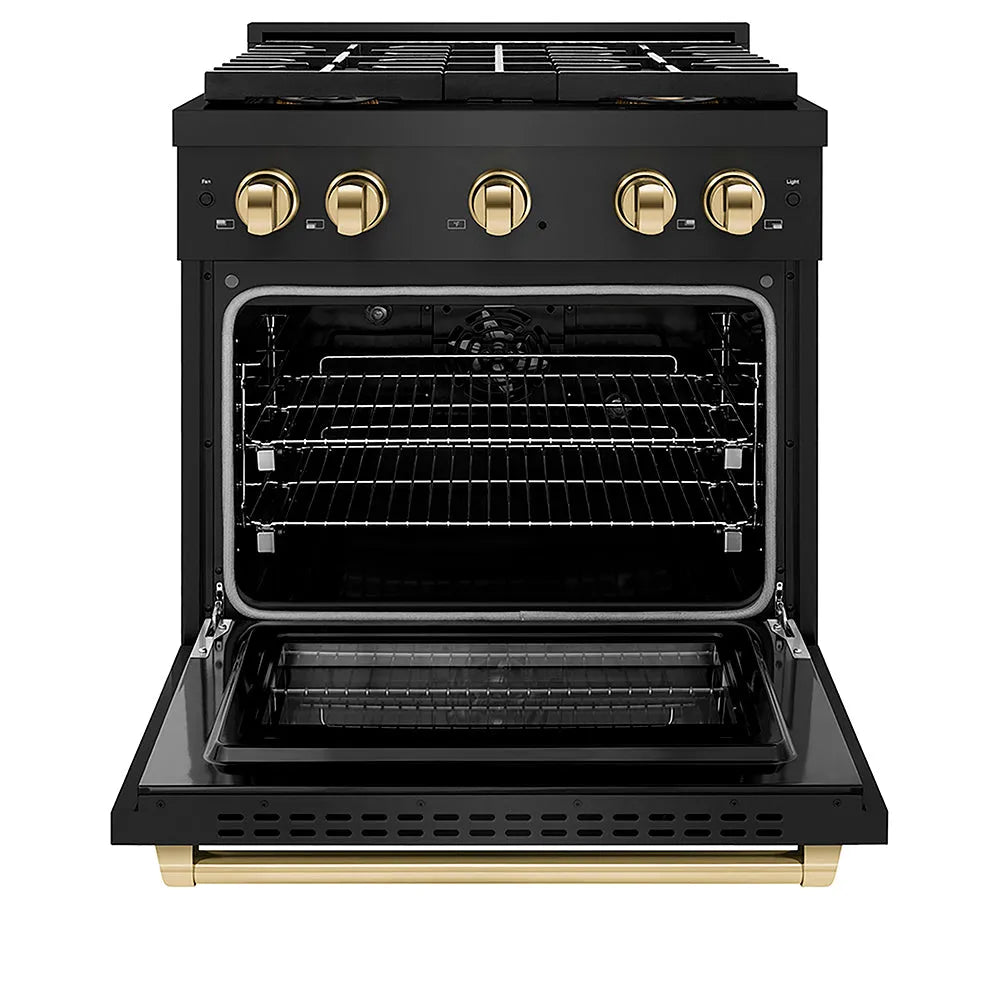 ZLINE Autograph Edition Paramount 30-inch range in black stainless steel and polished gold accents PSDRBZ-30-G, front view