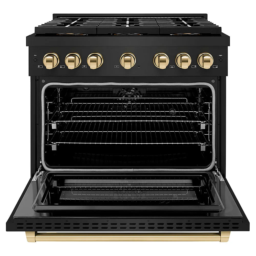 ZLINE Autograph Edition Paramount 36-inch range in black stainless steel and polished gold accents PSDRBZ-36-G, front view