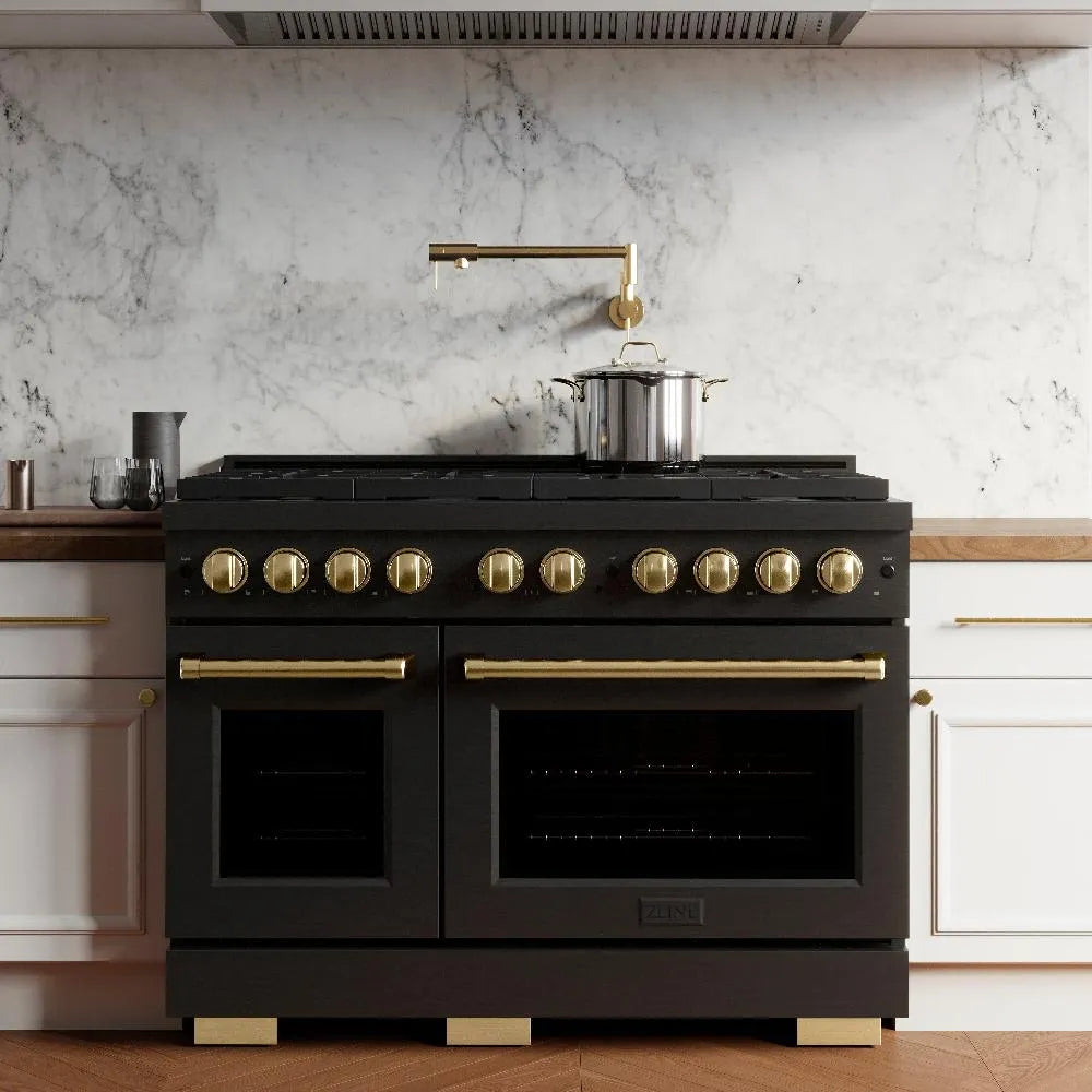 ZLINE Autograph Edition Paramount 48-inch range in black stainless steel and polished gold accents SDRBZ-48-G, front view