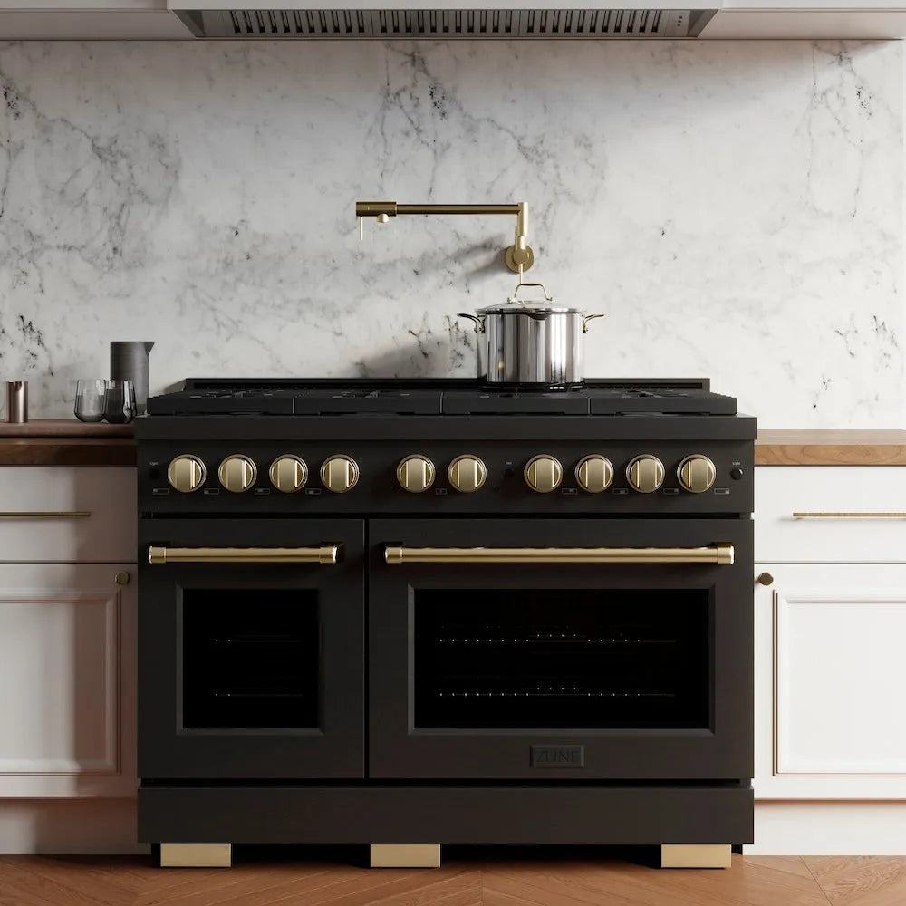 ZLINE Autograph Edition Paramount 48-inch range in black stainless steel and champagne bronze accents SGRBZ-48-CB, front view