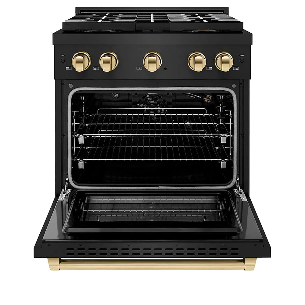 ZLINE Autograph Edition Paramount 30-inch range in black stainless steel and polished gold accents PSGRBZ-30-G, front view