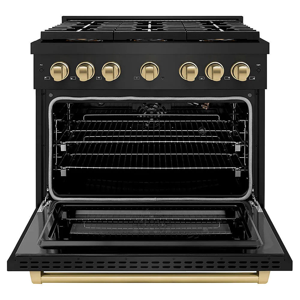 ZLINE Autograph Edition Paramount 36-inch range in black stainless steel and champagne bronze accents PSGRBZ-36-CB, front view