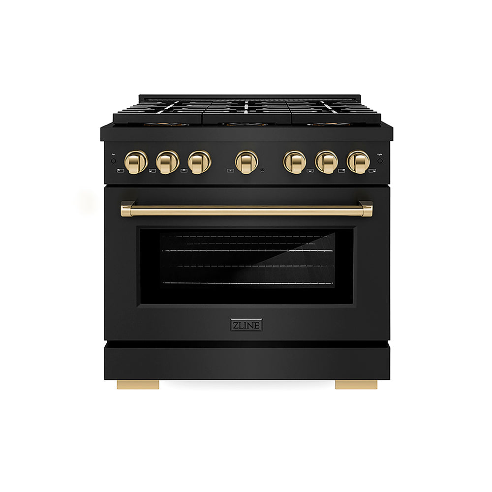 ZLINE Autograph Edition Paramount 36-inch range in black stainless steel and polished gold accents PSGRBZ-36-G, front view