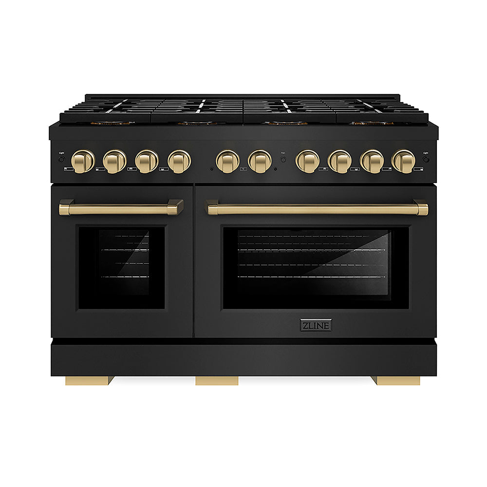 ZLINE Autograph Edition Paramount 48-inch range in black stainless steel and champagne bronze accents PSGRBZ-48-CB, front view