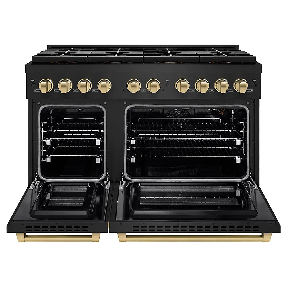 ZLINE Autograph Edition Paramount 48-inch range in black stainless steel and champagne bronze accents PSGRBZ-48-CB, front view