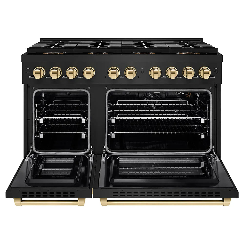 ZLINE Autograph Edition Paramount 48-inch range in black stainless steel and polished gold accents PSGRBZ-48-G, front view