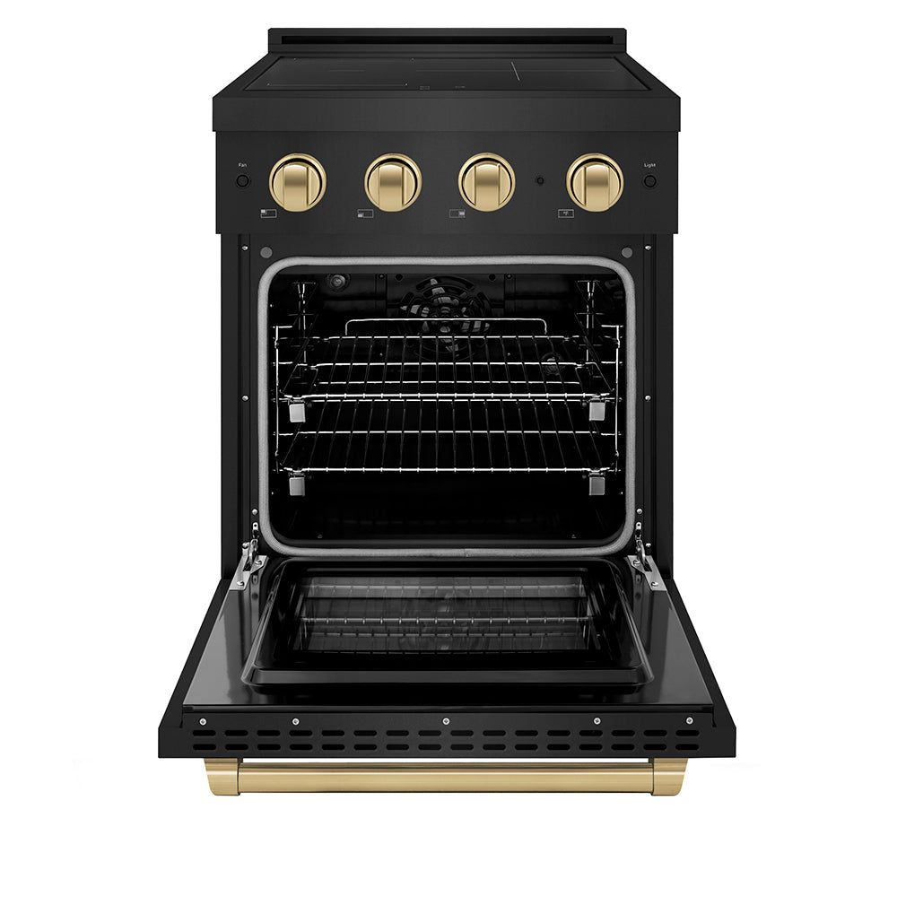 ZLINE Autograph Edition Paramount 24-inch range in black stainless steel and champagne bronze accents SINRBZ-24-CB, front view