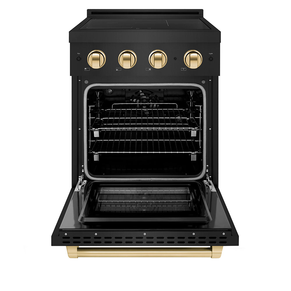 ZLINE Autograph Edition Paramount 24-inch range in black stainless steel and polished gold accents SINRBZ-24-G, front view