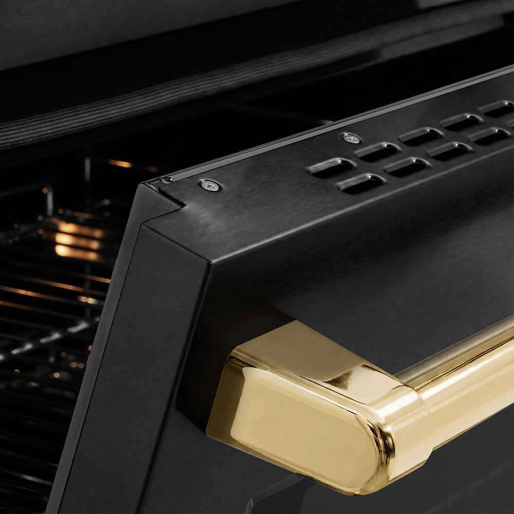ZLINE Autograph Edition Paramount 24-inch range in black stainless steel and polished gold accents SINRBZ-24-G, detail