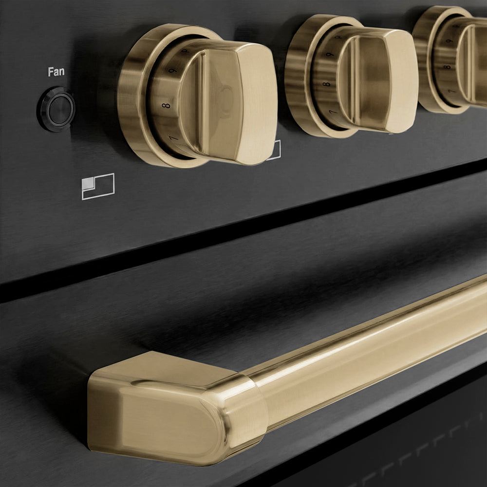 ZLINE Autograph Edition Paramount 36-inch range in black stainless steel and champagne bronze accents SINRBZ-36-CB, detail