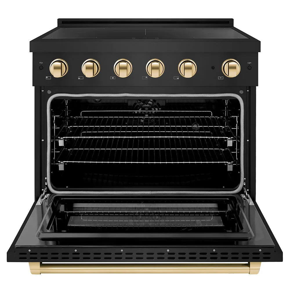ZLINE Autograph Edition Paramount 36-inch range in black stainless steel and polished gold accents SINRBZ-36-G, front view