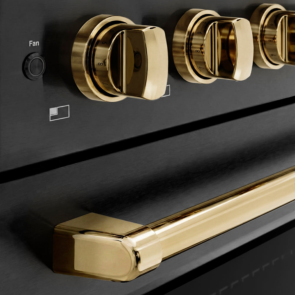 ZLINE Autograph Edition Paramount 36-inch range in black stainless steel and polished gold accents SINRBZ-36-G, detail