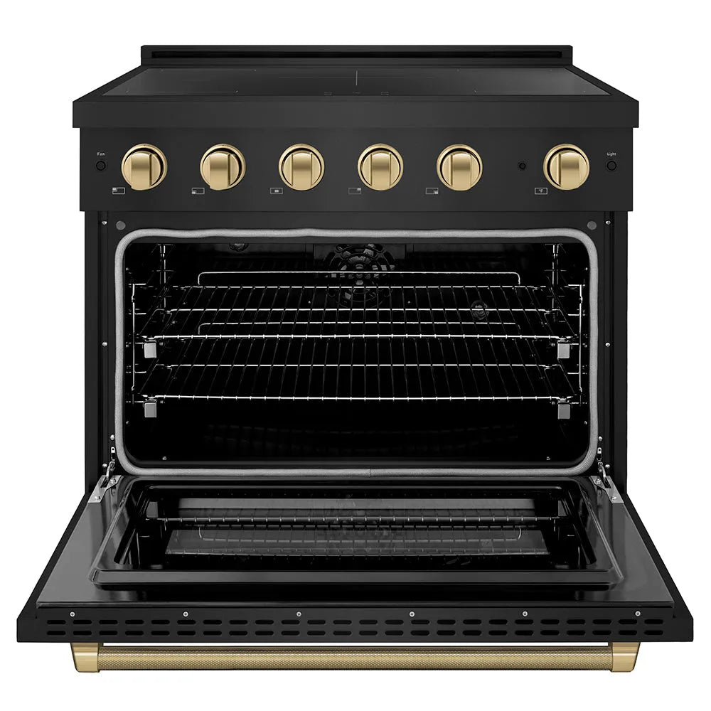 ZLINE Autograph Edition Paramount 36-inch range in black stainless steel and champagne bronze accents SINRBZ-36-KCB, front view