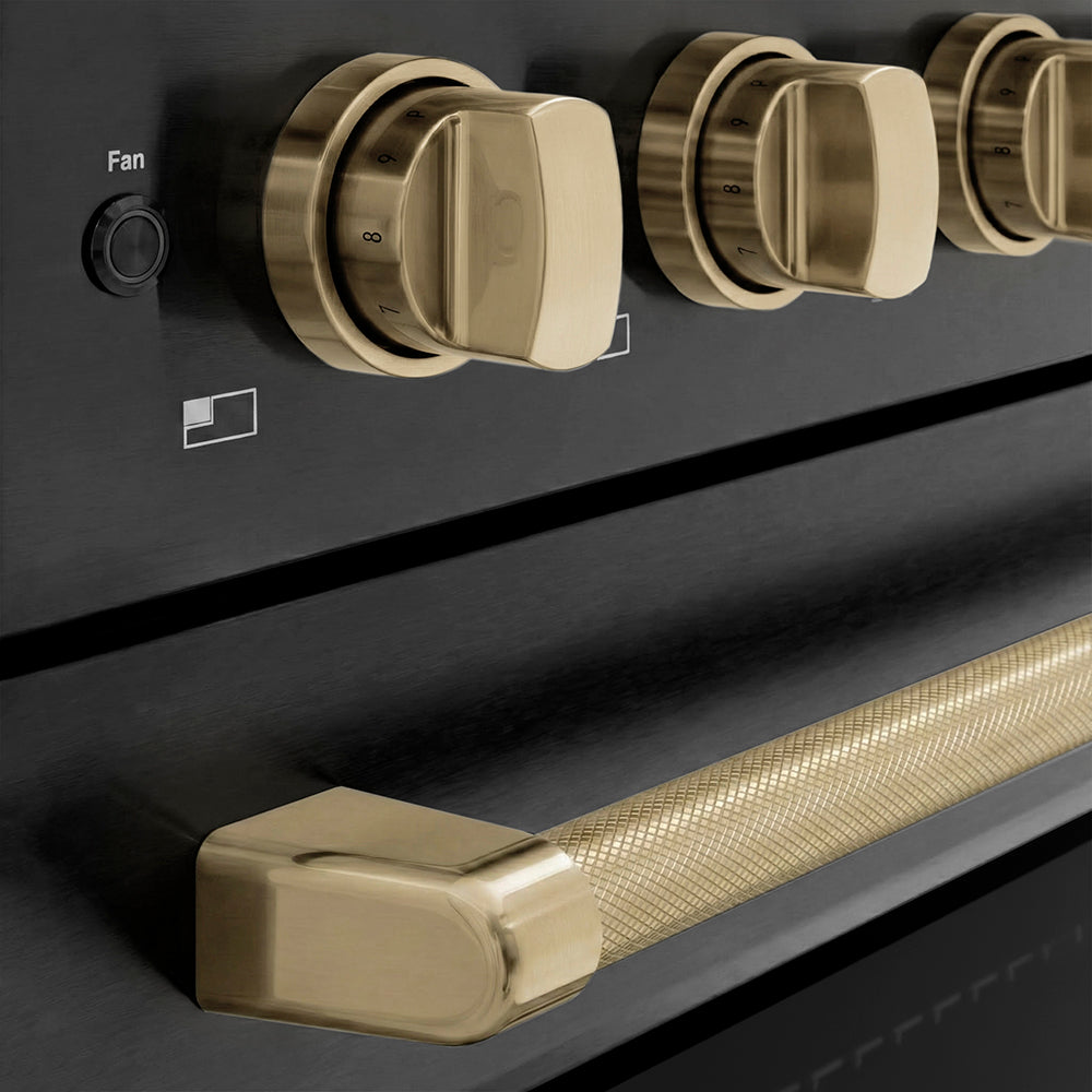 ZLINE Autograph Edition Paramount 36-inch range in black stainless steel and champagne bronze accents SINRBZ-36-KCB, detail