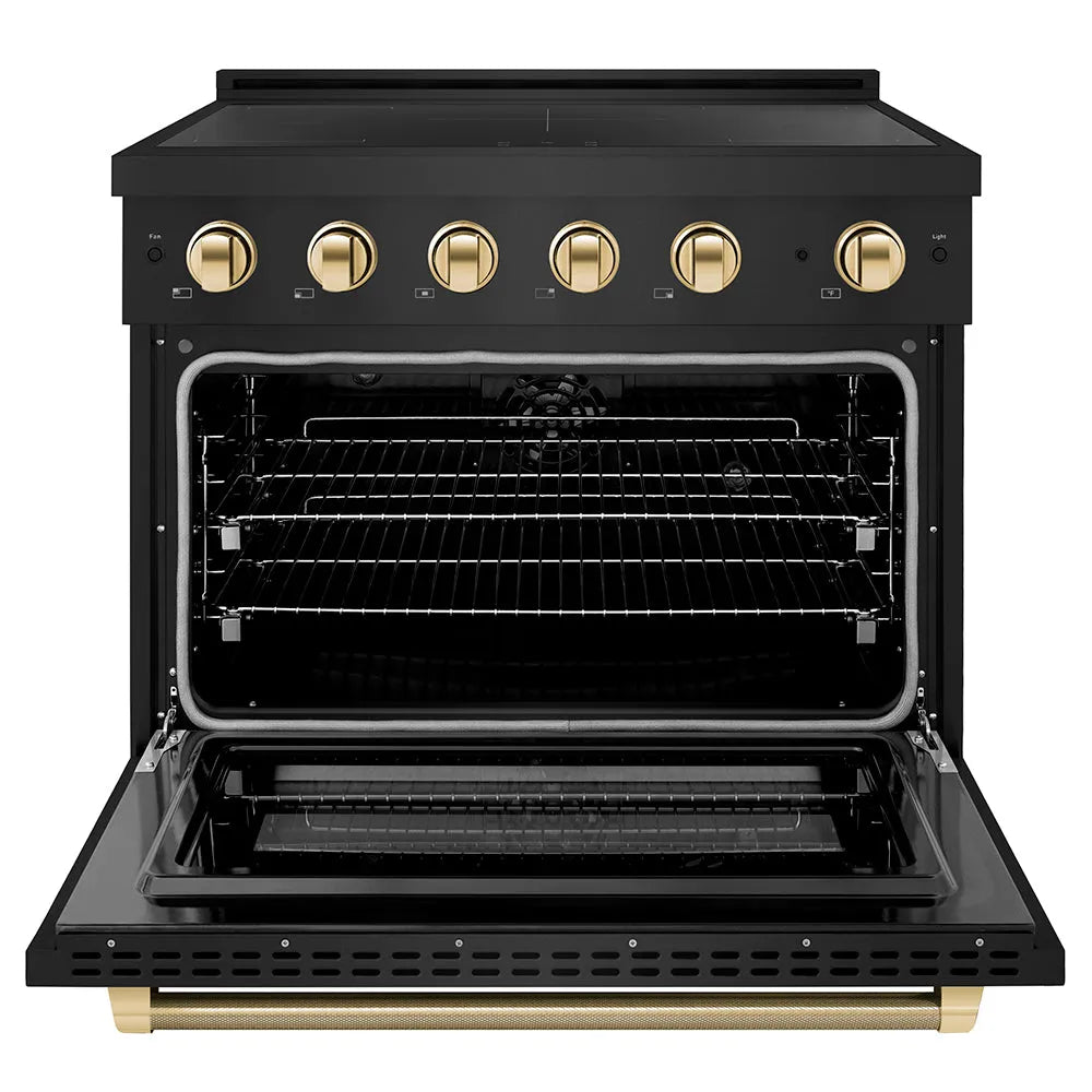 ZLINE Autograph Edition Paramount 36-inch range in black stainless steel and polished gold accents SINRBZ-36-KG, front view