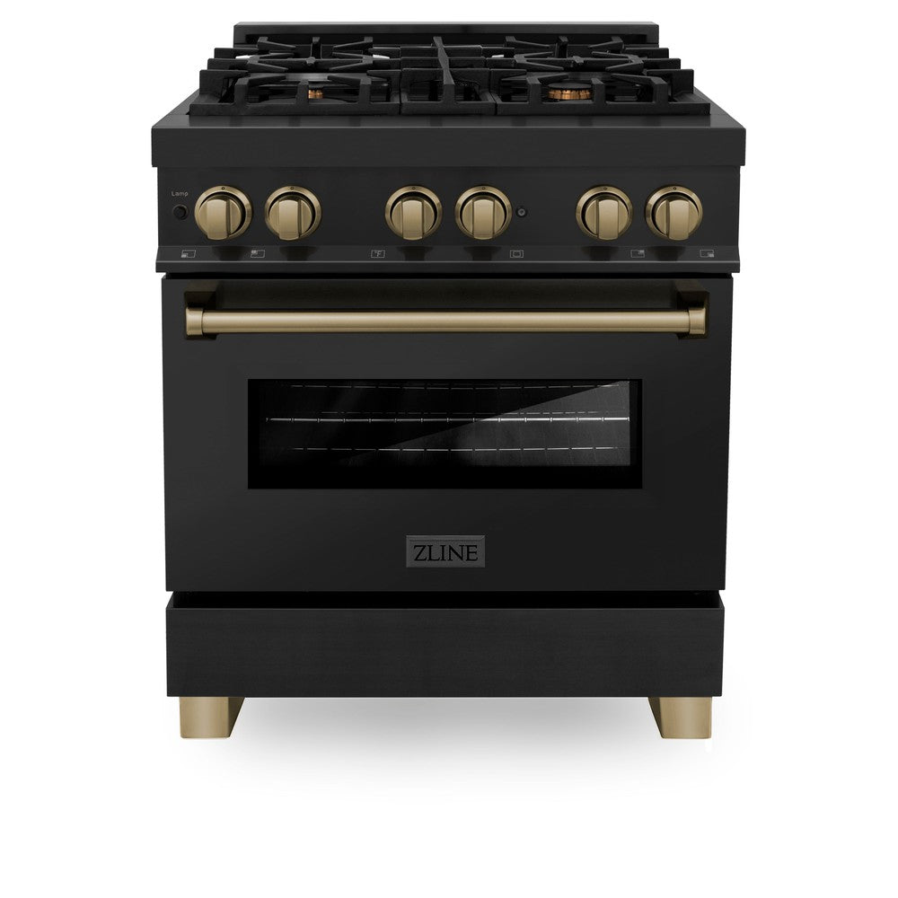 ZLINE Autograph Edition Legacy 30-inch range in black stainless steel and champagne bronze accents RABZ-30-CB, front view