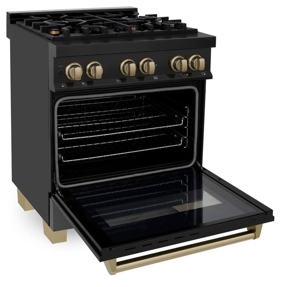 ZLINE Autograph Edition Legacy 30-inch range in black stainless steel and champagne bronze accents RABZ-30-CB, door open