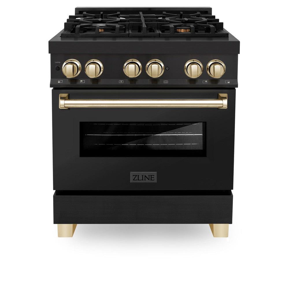 ZLINE Autograph Edition Legacy 30-inch range in black stainless steel and polished gold accents RABZ-30-G, front view