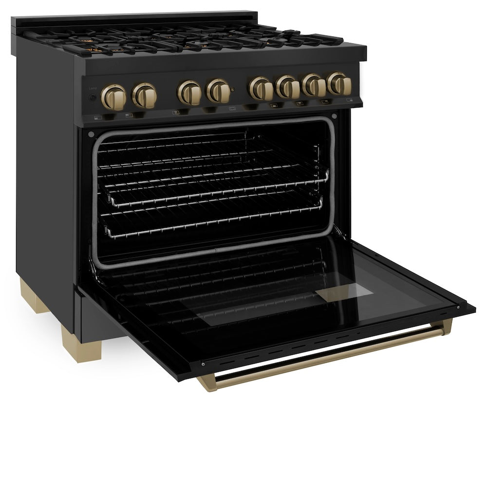 ZLINE Autograph Edition Legacy 36-inch range in black stainless steel and champagne bronze accents RABZ-36-CB, door open