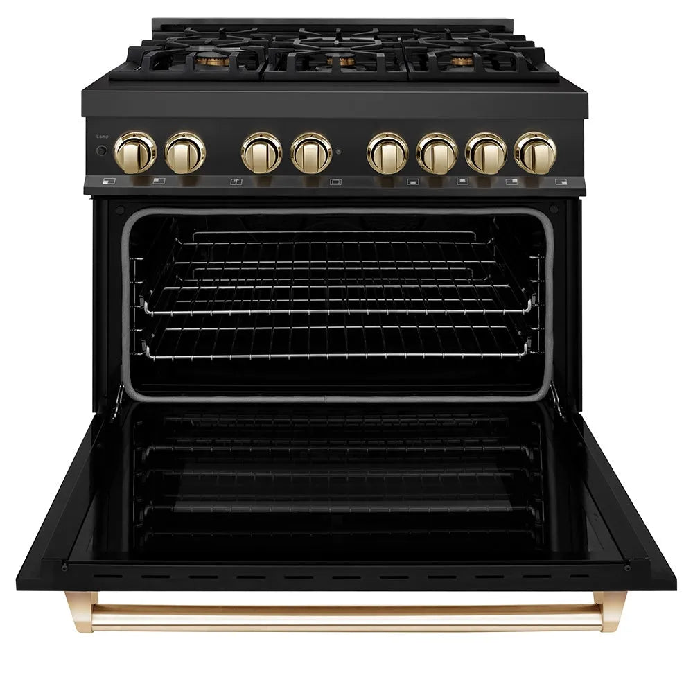 ZLINE Autograph Edition Legacy 36-inch range in black stainless steel and polished gold accents RABZ-36-G, front view