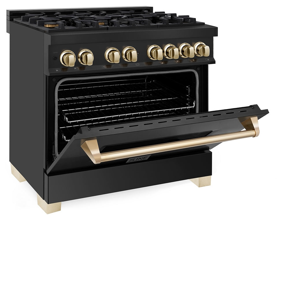 ZLINE Autograph Edition Legacy 36-inch range in black stainless steel and polished gold accents RABZ-36-G, door open