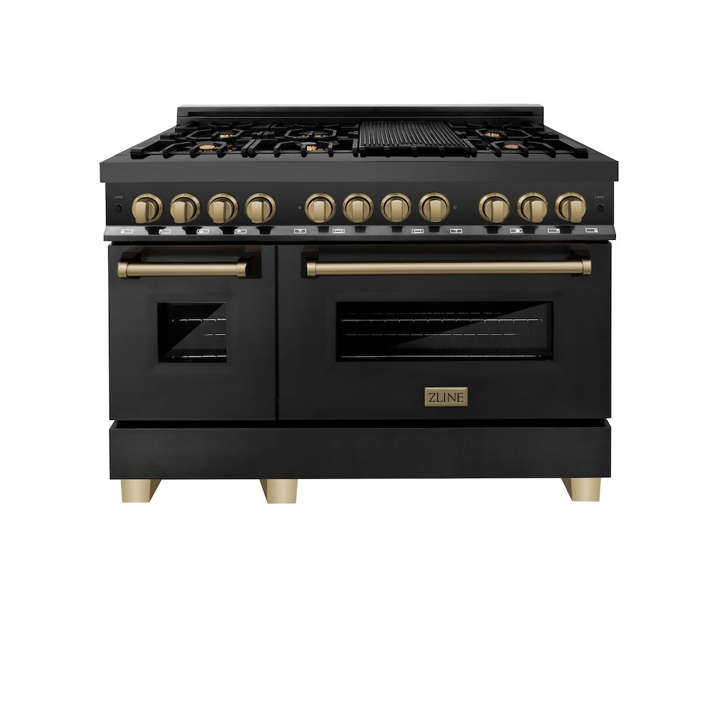 ZLINE Autograph Edition Legacy 48-inch range in black stainless steel and champagne bronze accents RABZ-48-CB, front view
