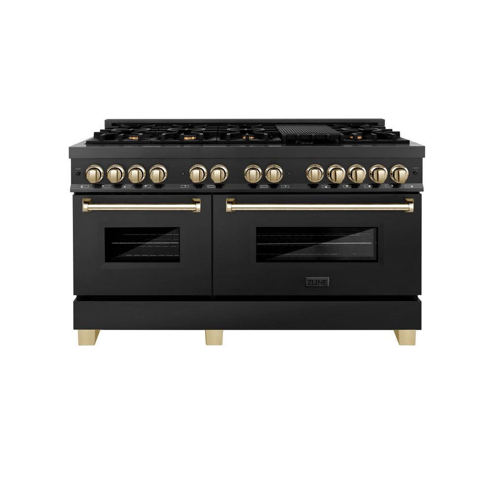 ZLINE Autograph Edition Legacy 60-inch range in black stainless steel and polished gold accents RABZ-60-G, front view