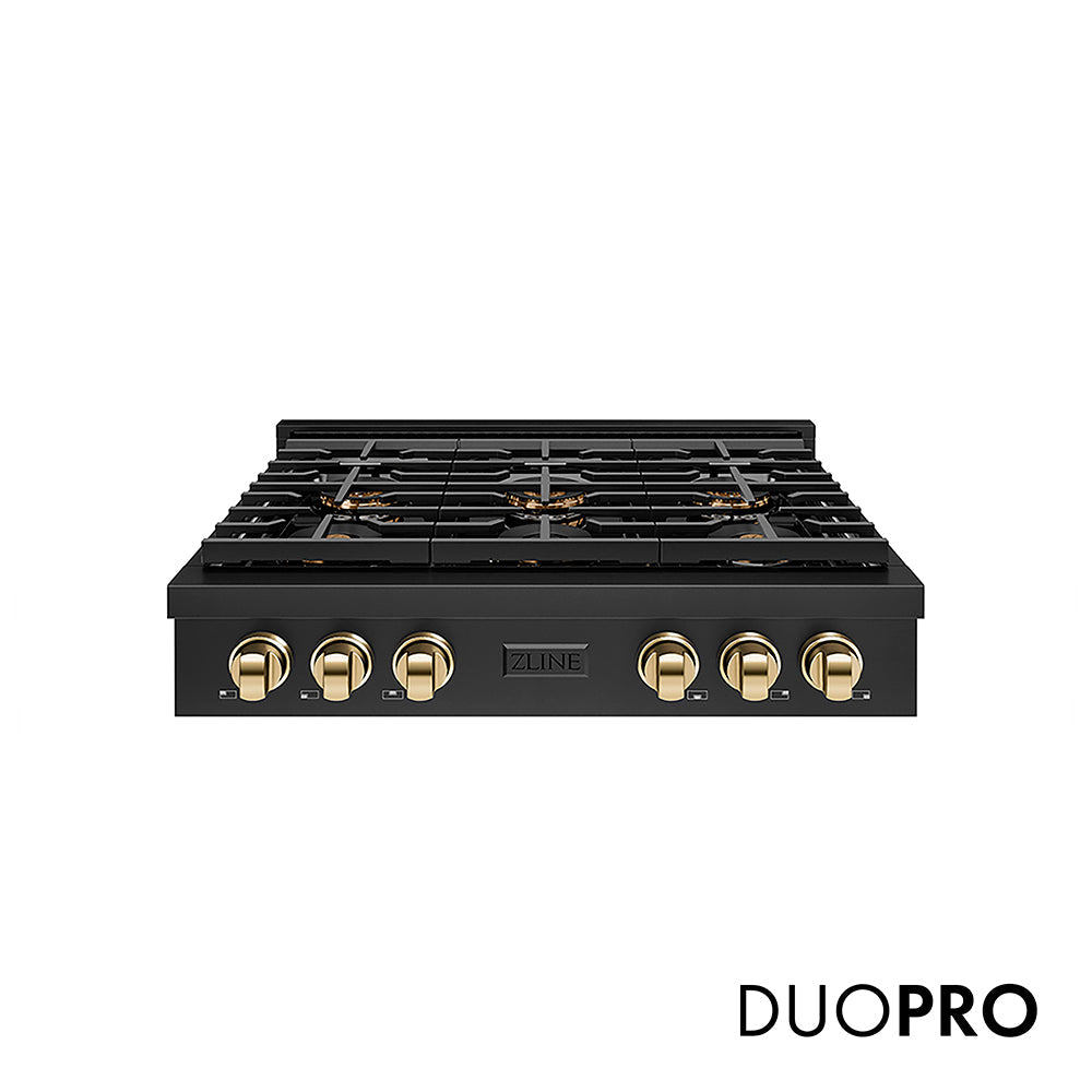 ZLINE Autograph Edition Paramount 36-inch rangetop in black stainless steel and polished gold accents PSRTBZ-36-G