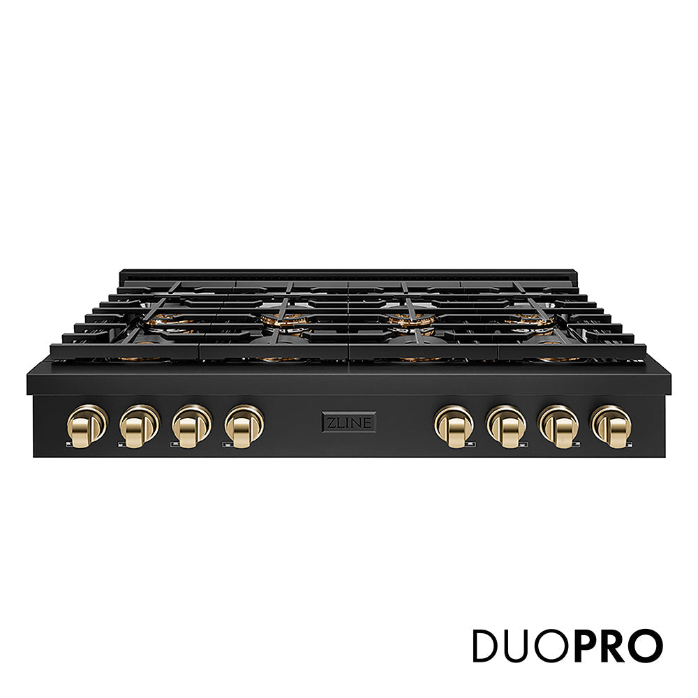 ZLINE Autograph Edition Paramount 48-inch rangetop in black stainless steel and polished gold accents PSRTBZ-48-G