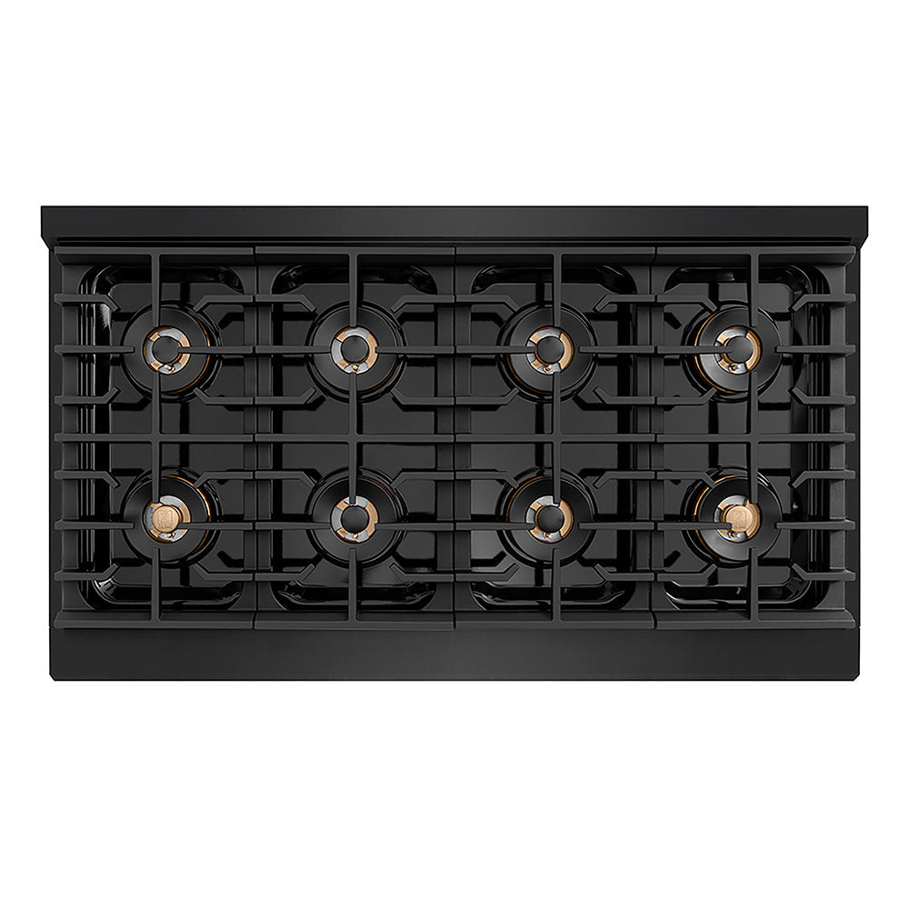 ZLINE Autograph Edition Paramount 48-inch rangetop in black stainless steel and polished gold accents PSRTBZ-48-G, from above