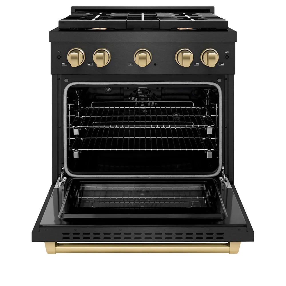 ZLINE Autograph Edition Paramount 30-inch range in black satin stainless steel and champagne bronze accents SDRBSZ-30-CB, front view