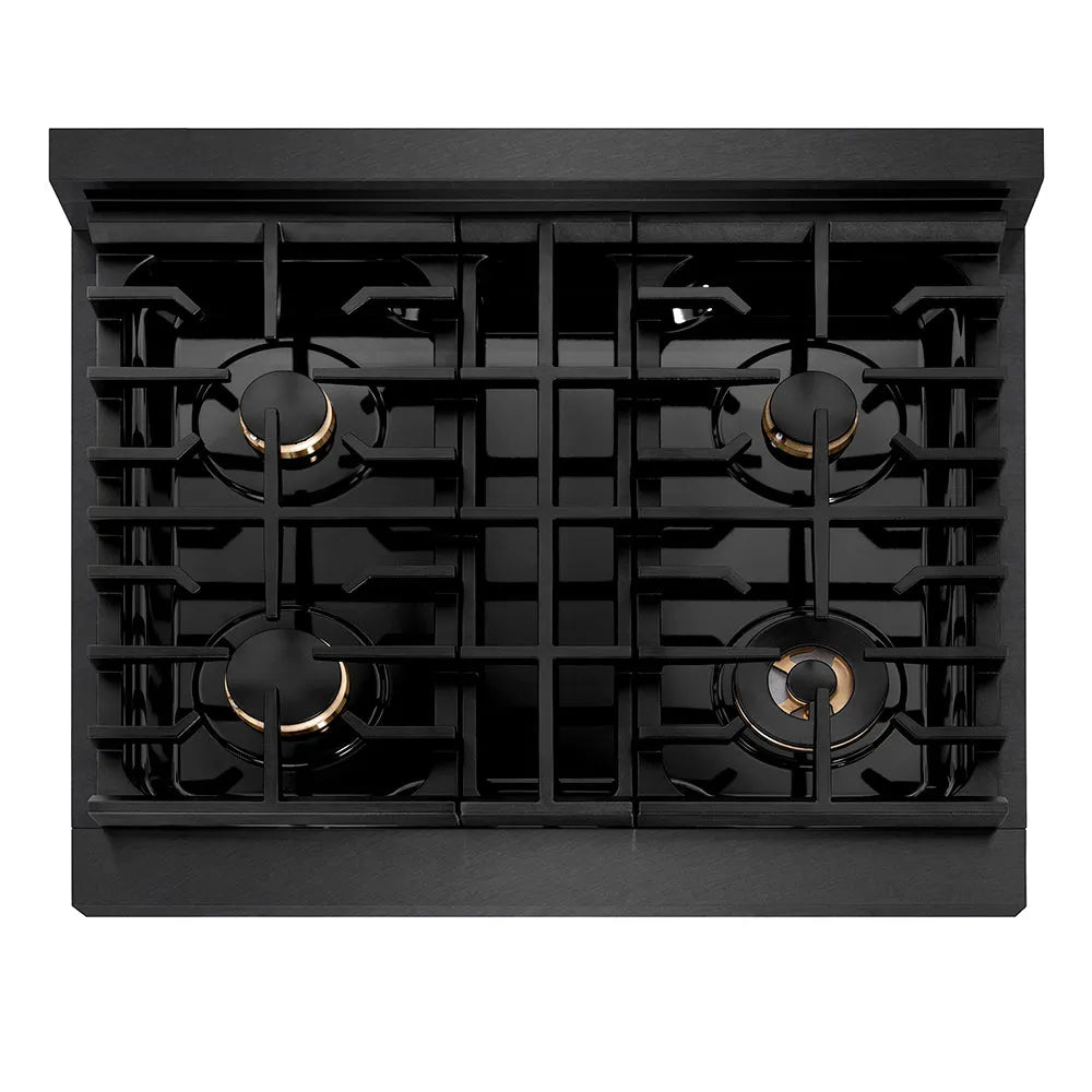 ZLINE Autograph Edition Paramount 30-inch range in black satin stainless steel and champagne bronze accents SDRBSZ-30-CB, from above