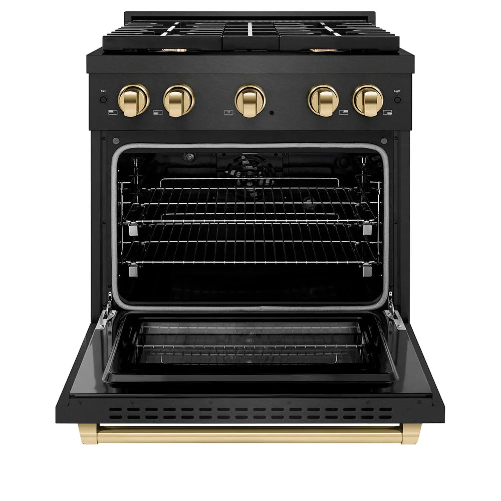 ZLINE Autograph Edition Paramount 30-inch range in black satin stainless steel and polished gold accents SDRBSZ-30-G, front view