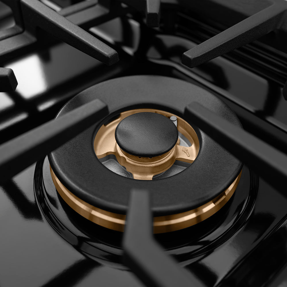 ZLINE Autograph Edition Paramount 36-inch range in black satin stainless steel and polished gold accents SDRBSZ-36-G, detail