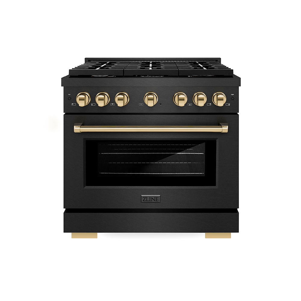 ZLINE Autograph Edition Paramount 36-inch range in black satin stainless steel and polished gold accents SDRBSZ-36-G