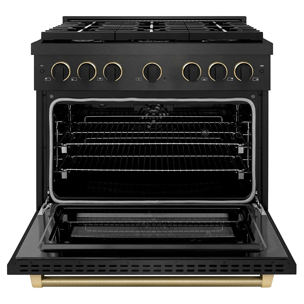 ZLINE Paramount 36-inch range in black satin stainless steel and matte black and champagne bronze accents SDRBSZ-36-MBCB, front view