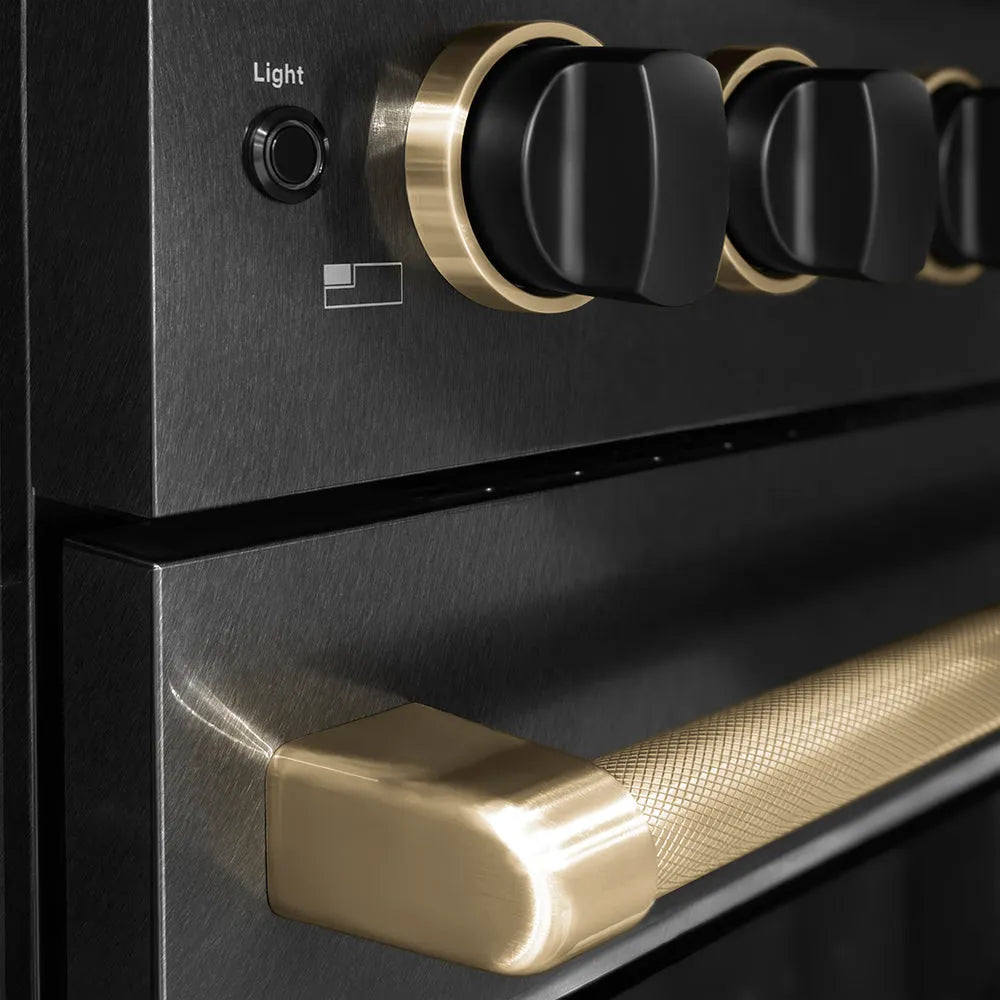 ZLINE Paramount 36-inch range in black satin stainless steel and matte black and champagne bronze accents SDRBSZ-36-MBCB, detail