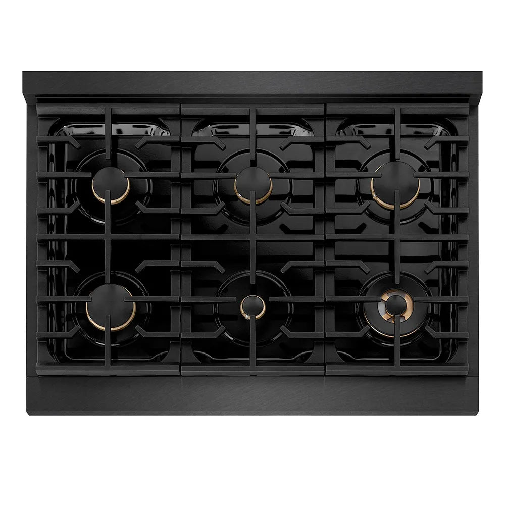 ZLINE Paramount 36-inch range in black satin stainless steel and matte black and champagne bronze accents SDRBSZ-36-MBCB, from above
