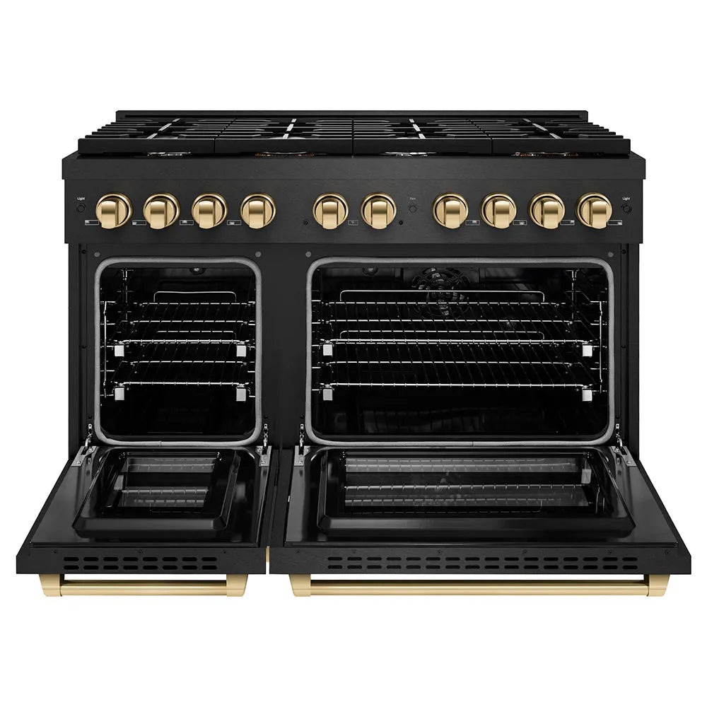 ZLINE Autograph Edition Paramount 48-inch range in black satin stainless steel and polished gold accents SDRBSZ-48-G, front view