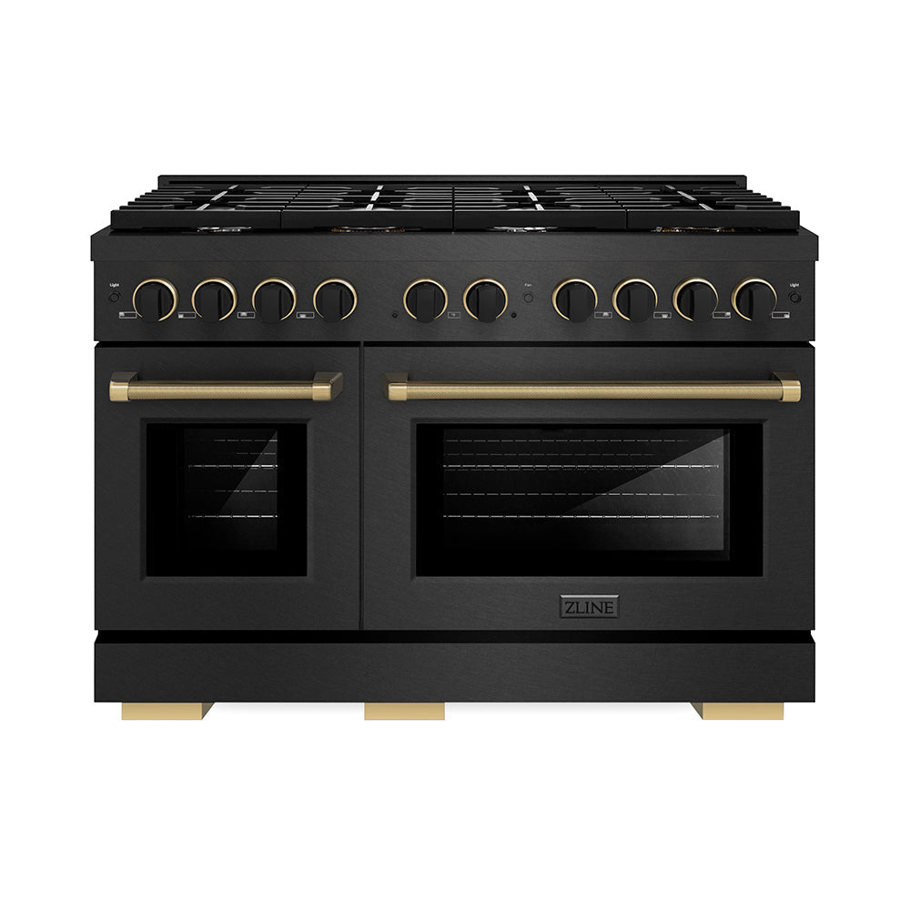 ZLINE Paramount 48-inch range in black satin stainless steel and matte black and champagne bronze accents SDRBSZ-48-MBCB
