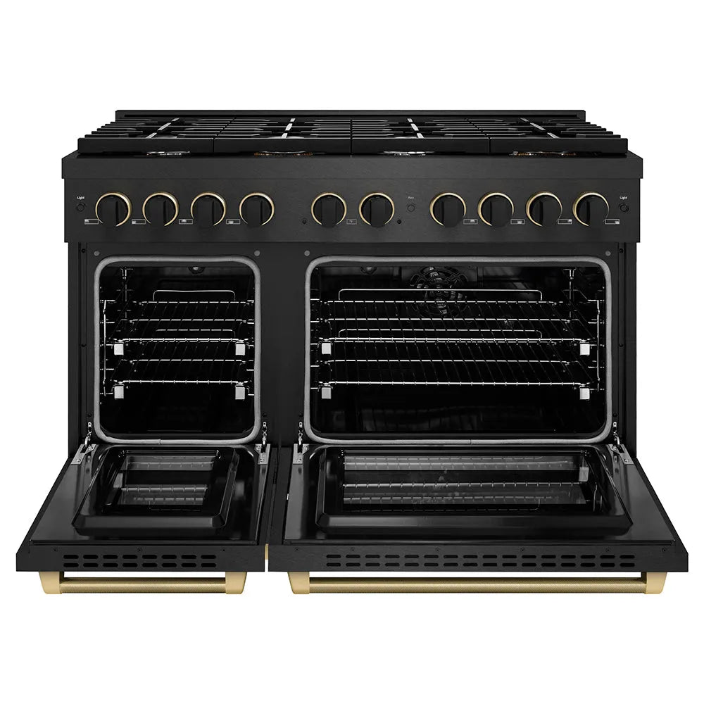 ZLINE Paramount 48-inch range in black satin stainless steel and matte black and champagne bronze accents SDRBSZ-48-MBCB, front view