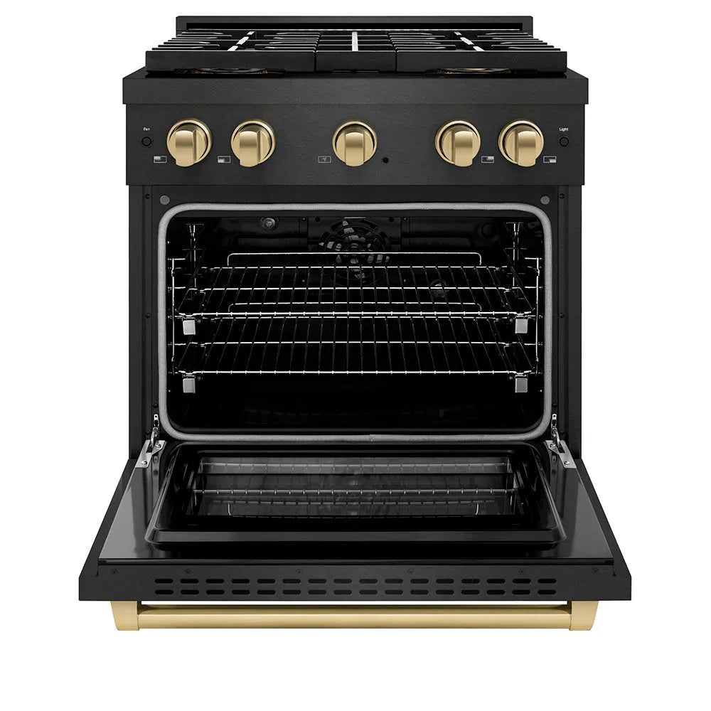 ZLINE Autograph Edition Paramount 30-inch range in black satin stainless steel and champagne bronze accents PSDRBSZ-30-CB, front view