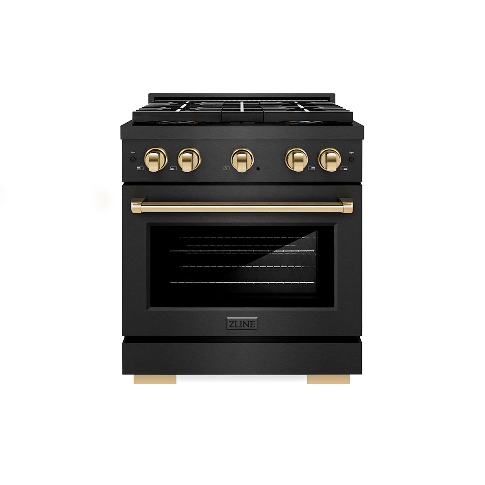 ZLINE Autograph Edition Paramount 30-inch range in black satin stainless steel and polished gold accents PSDRBSZ-30-G, front view